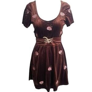 Stretch Velvet Brown Babydoll Corset Dress M Embroidered Pink Mini Goth Y2k New